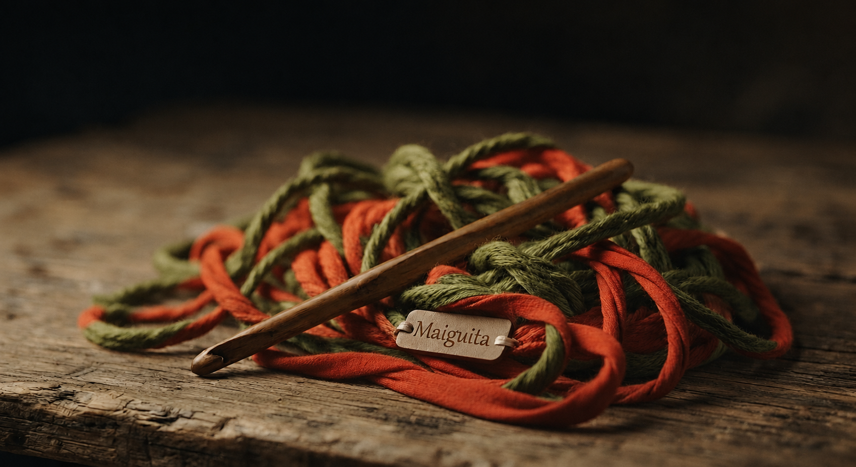 Trapillo verde y naranja con aguja de crochet de madera y etiqueta Maiguita